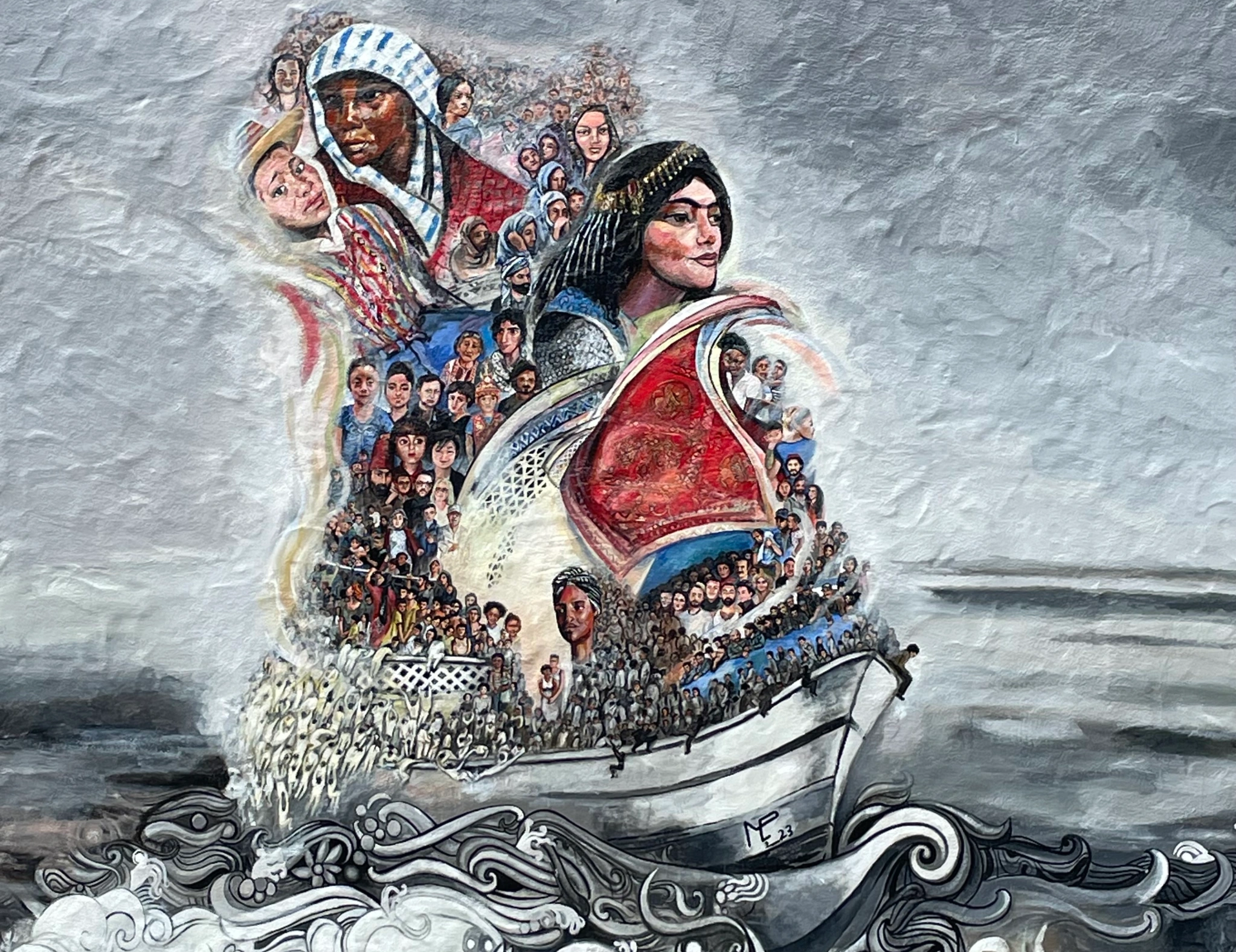 Mural of people on a boat crossing stormy seas