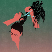 Illustration of a woman cutting her hair (and her hair are morphing into soldiers)