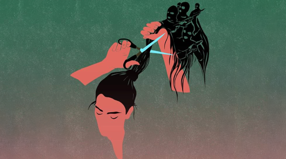 Illustration of a woman cutting her hair (and her hair are morphing into soldiers)